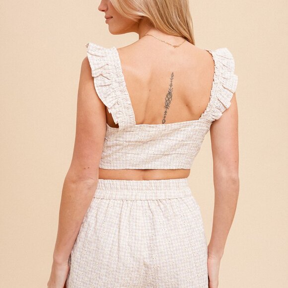 HEM & THREAD Ivory Gingham Eyelet Crop Top, Ruffle Strap Ruched Front Boho - Picture 3 of 6